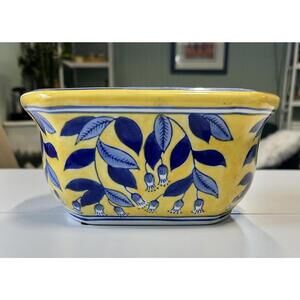 Vintage Hand-Painted Yellow Ceramic Planter with Blue Floral Design